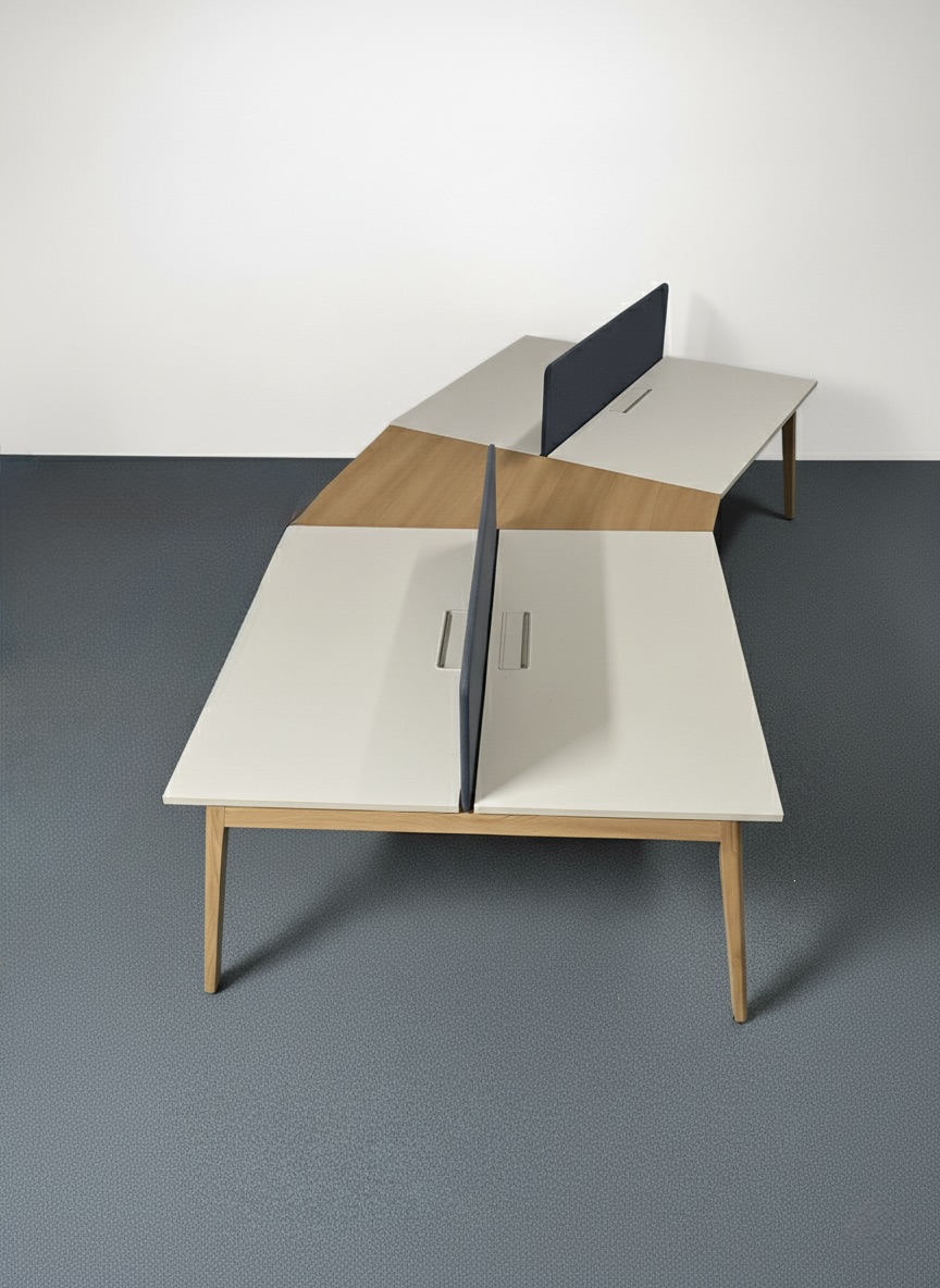 Grand bench en plateau blanc et effet bois avec separation en tissu bleu