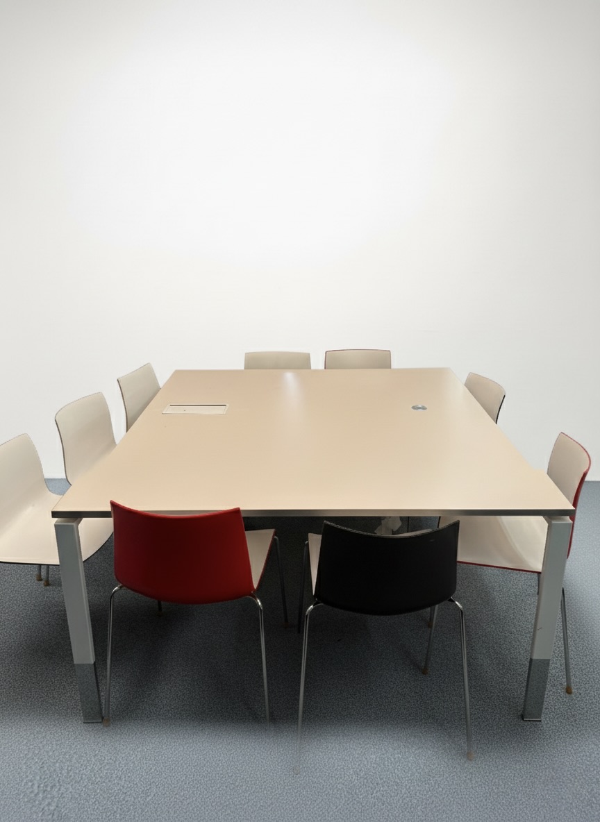 Table de réunion avec plateau en bois de couleur crème et pieds en metal